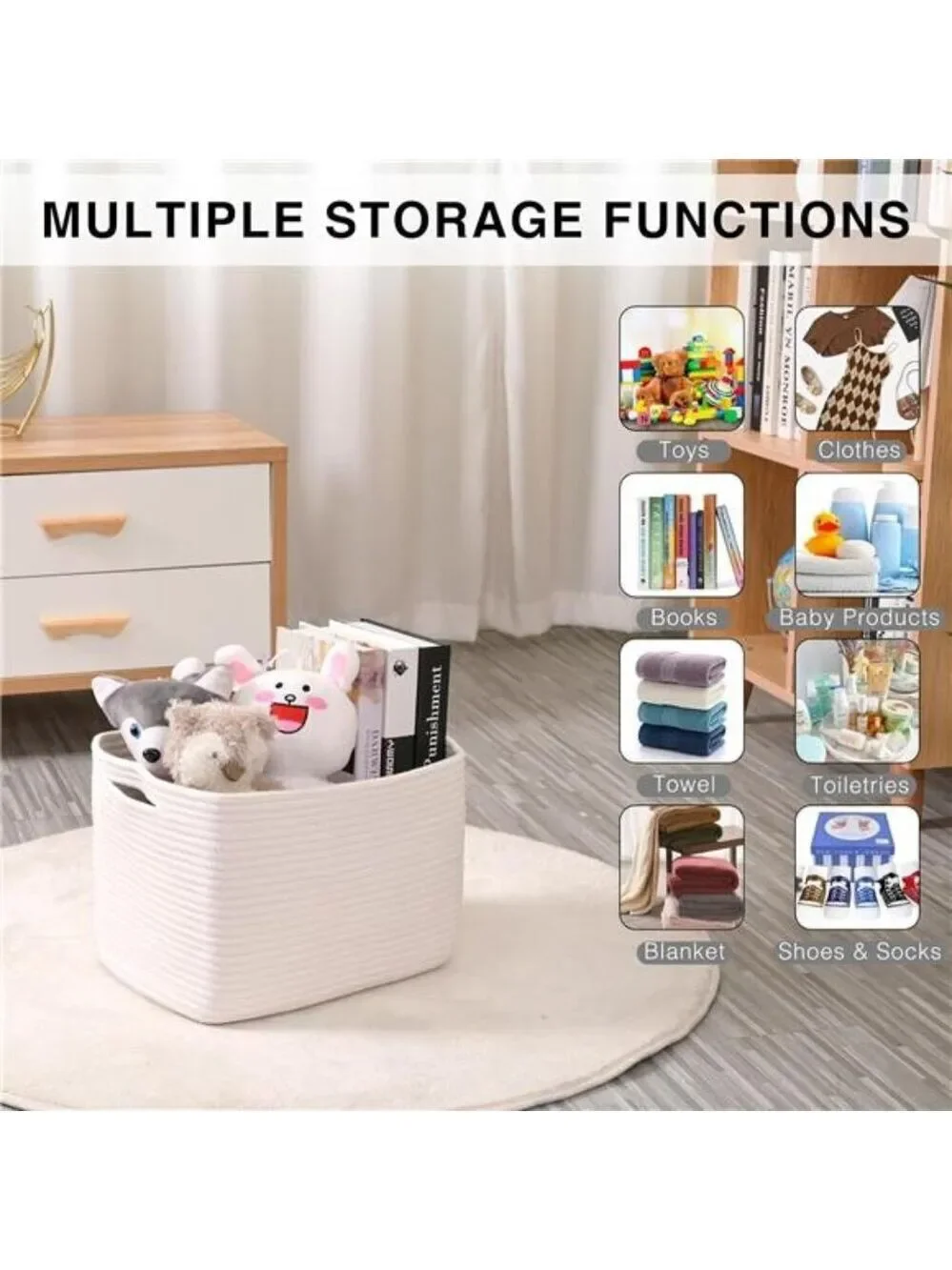 Woven Cotton Rope Storage Baskets for Shelves Nursery Toys Books Towels Set 3